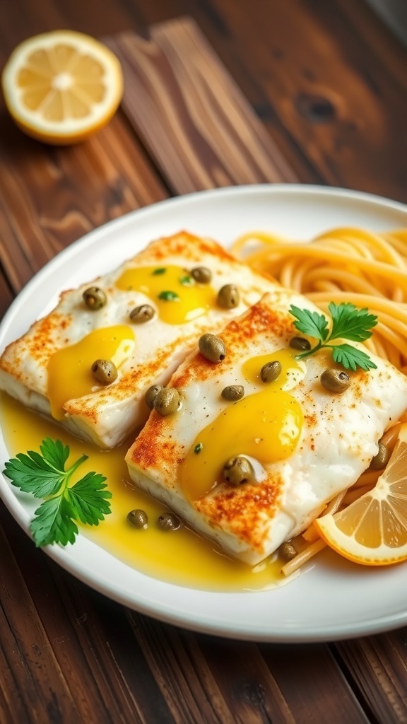 Tilapia piccata with lemon-garlic sauce, capers, and parsley on a white plate with pasta and lemon wedge.